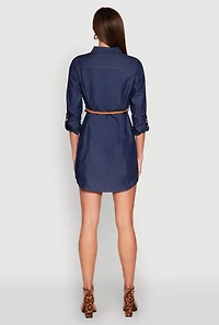 Chambray Tabbed Sleeve Belted Dress