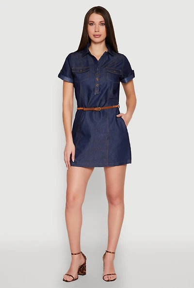 Womens Chambray Belted Half Button Mini Dress, Blue, Size L