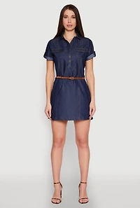 Womens Chambray Belted Half Button Mini Dress, Blue, Size M