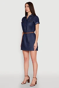 Womens Chambray Belted Half Button Mini Dress, Blue, Size M