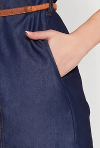 Womens Chambray Belted Half Button Mini Dress, Blue, Size M