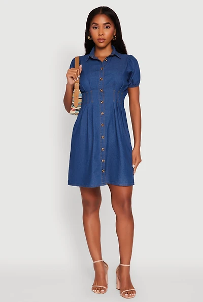 Womens Chambray Short Puff Sleeve Shirt Dress, Blue, Size M