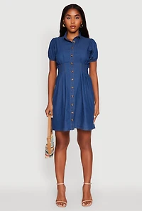 Womens Chambray Short Puff Sleeve Shirt Dress, Blue, Size S