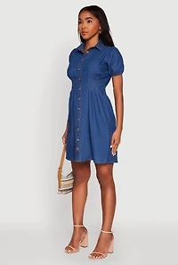 Womens Chambray Short Puff Sleeve Shirt Dress, Blue, Size S