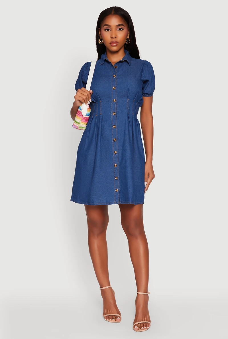 Chambray Short Puff Sleeve Shirt Dress