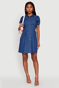 Chambray Short Puff Sleeve Shirt Dress