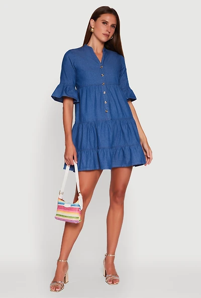 Womens Trendy Denim Button Front Tiered Mini Dress, Blue,