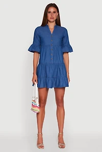 Womens Trendy Denim Button Front Tiered Mini Dress, Blue,