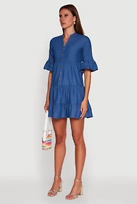 Womens Trendy Denim Button Front Tiered Mini Dress, Blue,