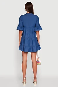 Womens Trendy Denim Button Front Tiered Mini Dress, Blue,