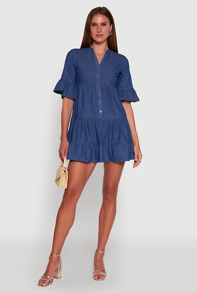 Womens Trendy Denim Button Front Tiered Mini Dress, Blue, Size L