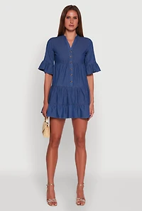 Womens Trendy Denim Button Front Tiered Mini Dress, Blue, Size L