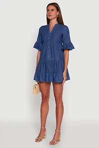 Womens Trendy Denim Button Front Tiered Mini Dress, Blue, Size L