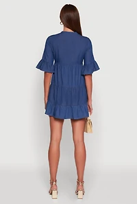 Womens Trendy Denim Button Front Tiered Mini Dress, Blue, Size L