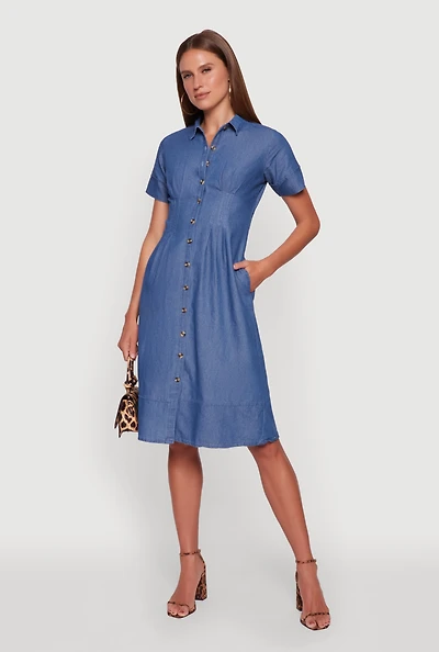 Womens Denim Button Front Midi Shirt Dress, Blue, Size S