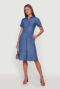 Womens Denim Button Front Midi Shirt Dress, Blue,