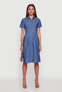 Womens Denim Button Front Midi Shirt Dress, Blue, Size L