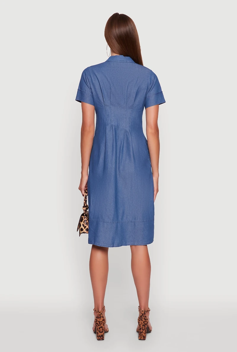 Womens Denim Button Front Midi Shirt Dress, Blue,