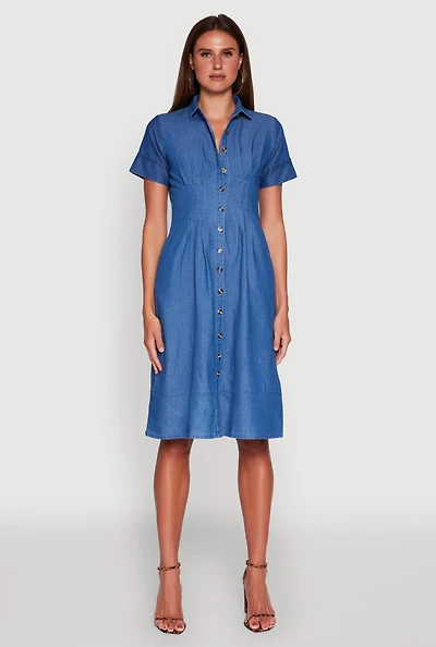 Womens Denim Button Front Midi Shirt Dress, Blue, Size S