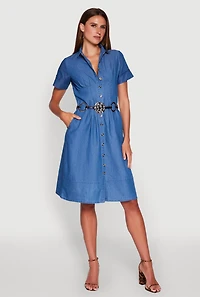 Womens Denim Button Front Midi Shirt Dress, Blue, Size S