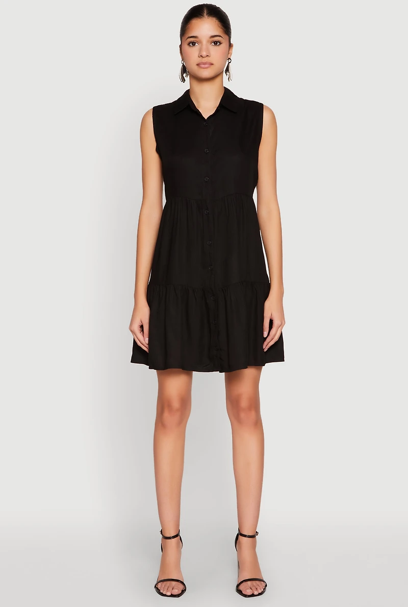 Womens Sleeveless Button Front Tiered Dress,