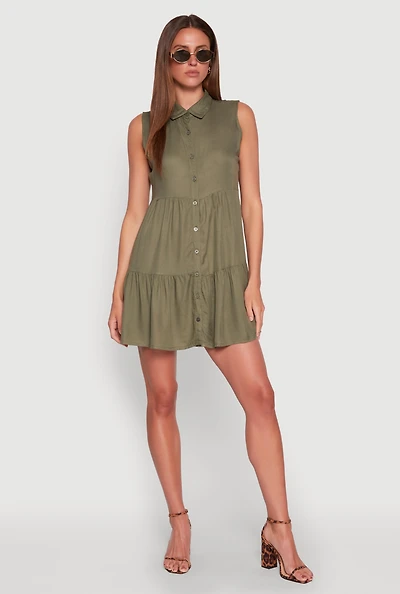 Womens Sleeveless Button Front Tiered Dress, Green, Size M