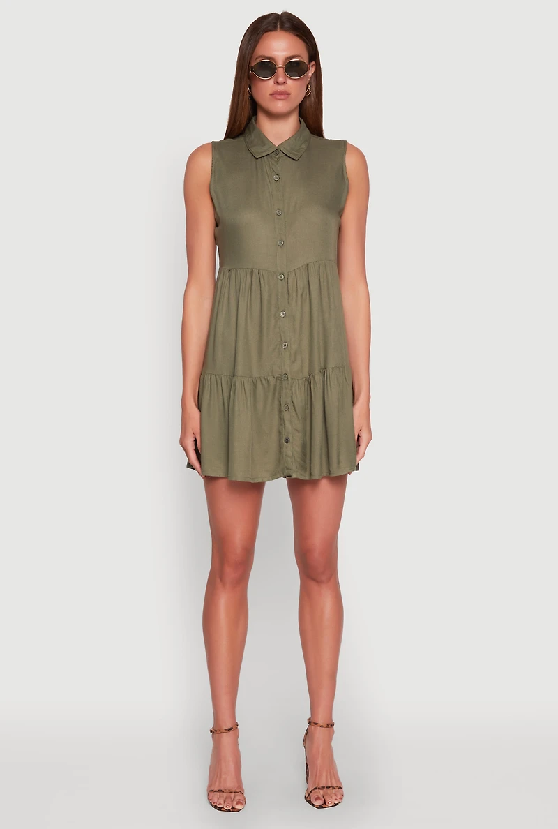 Womens Sleeveless Button Front Tiered Dress, Green, Size M