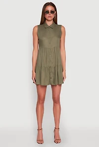Womens Sleeveless Button Front Tiered Dress, Green, Size M