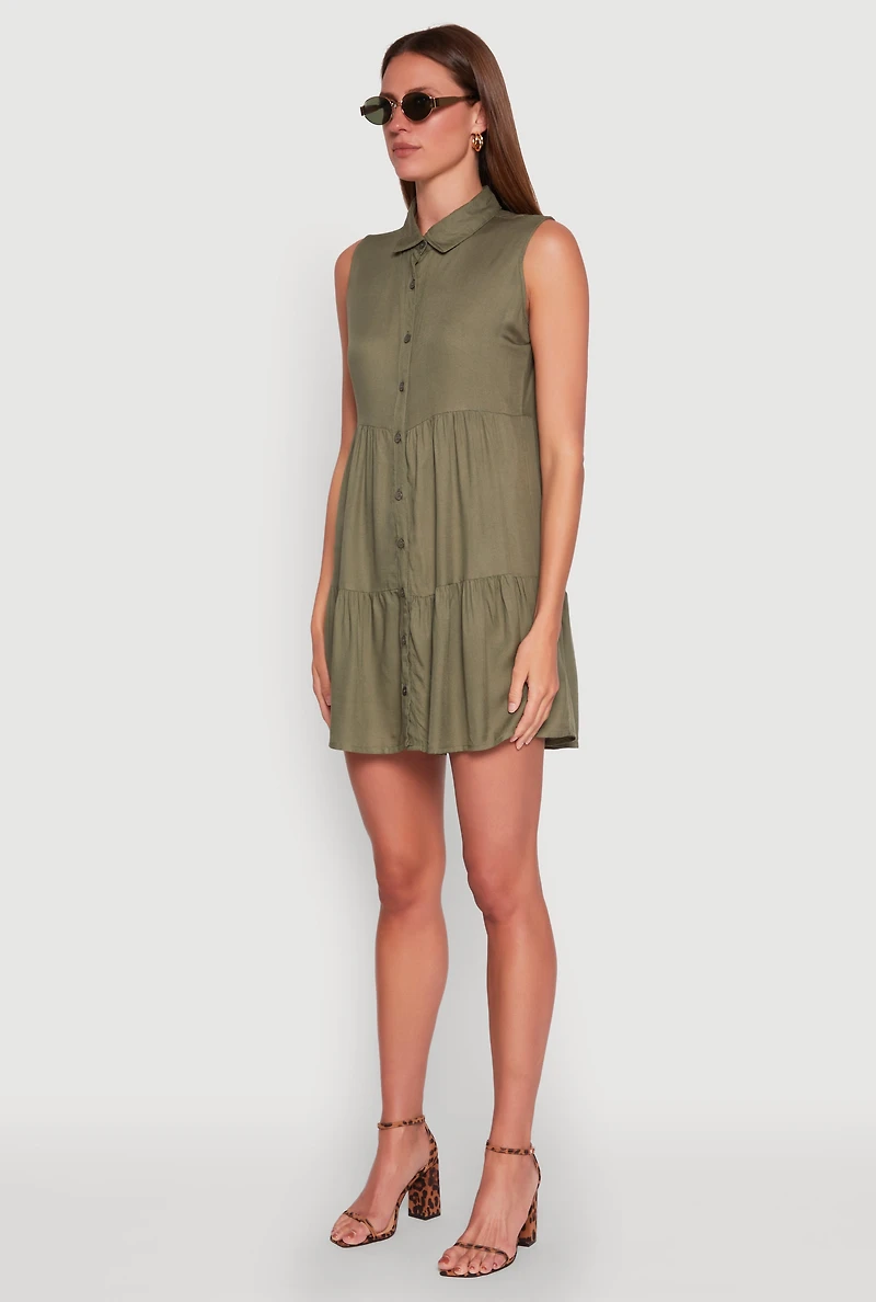 Womens Sleeveless Button Front Tiered Dress, Green, Size M