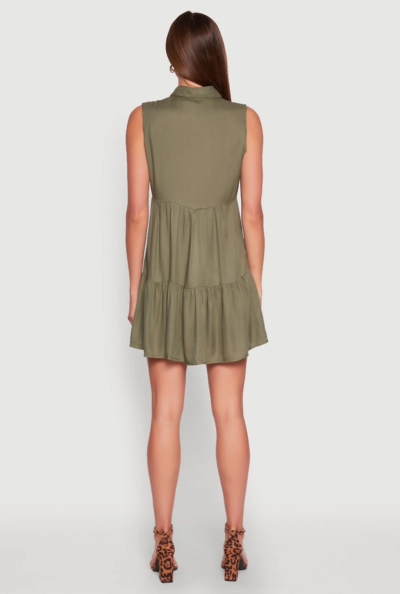 Womens Sleeveless Button Front Tiered Dress, Green, Size M