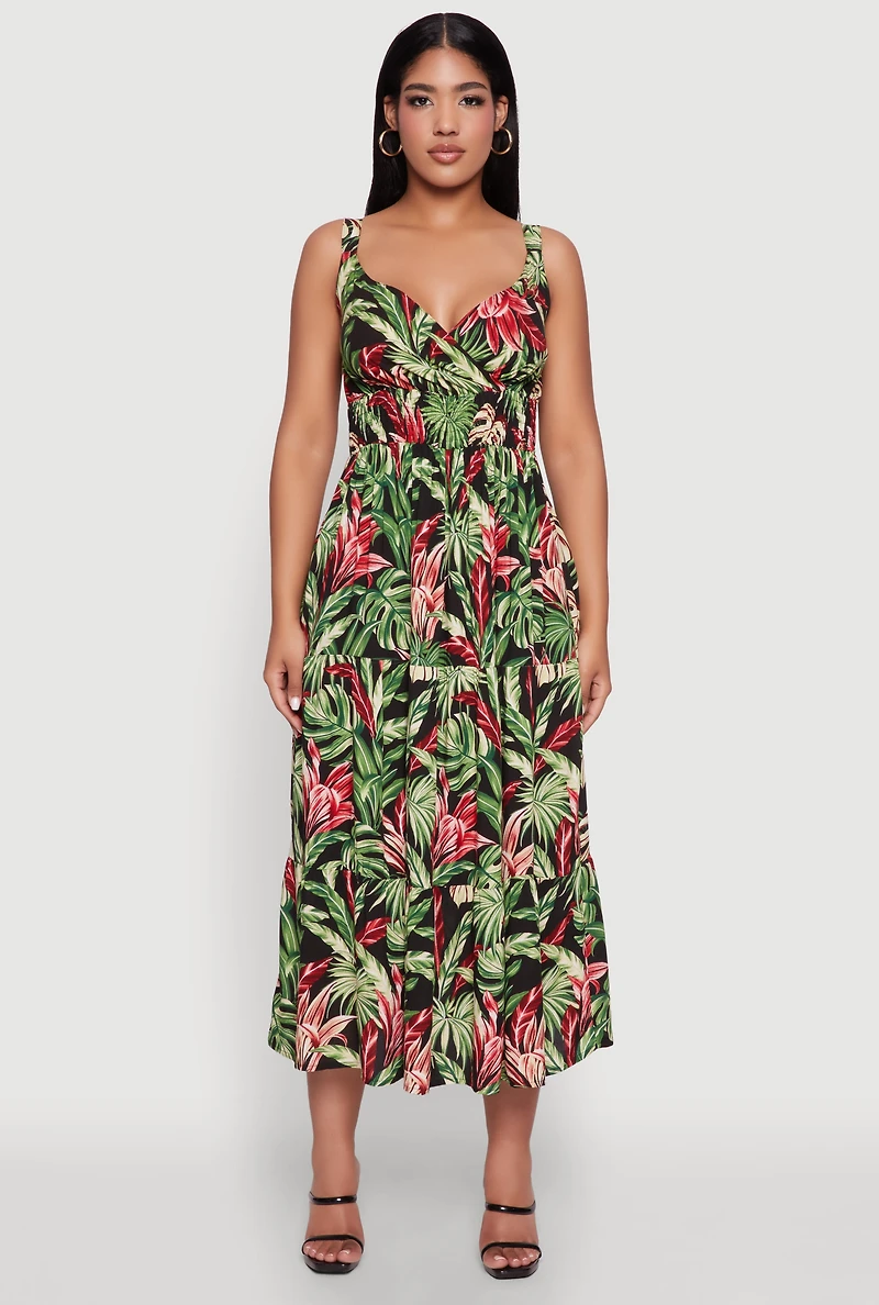 Womens Tropical Leaf Print Empire Waist Sundress, Multi, Size S