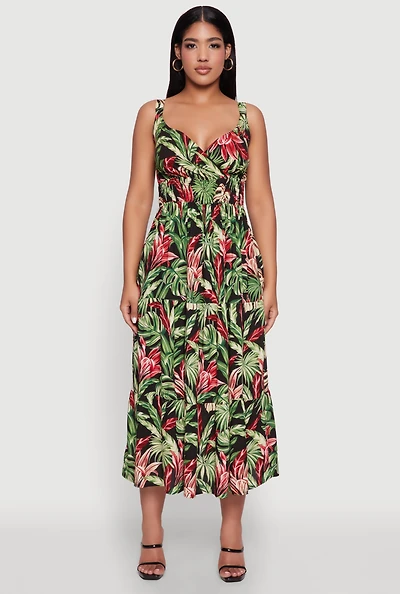 Womens Tropical Leaf Print Empire Waist Sundress, Multi, Size S