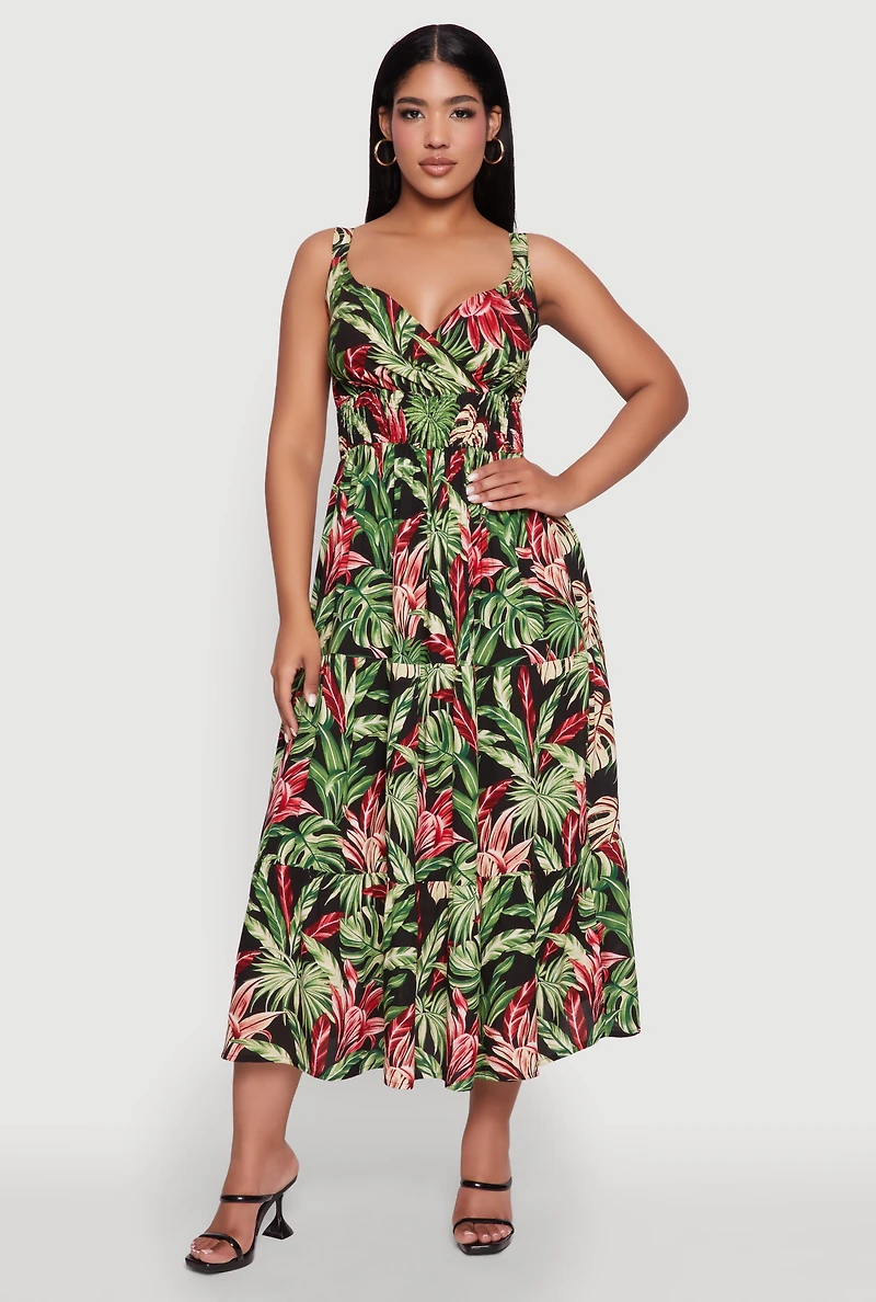 Womens Tropical Leaf Print Empire Waist Sundress, Multi,