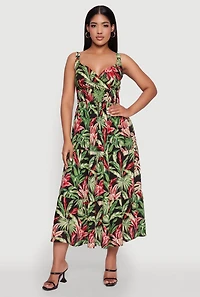 Womens Tropical Leaf Print Empire Waist Sundress, Multi, Size L