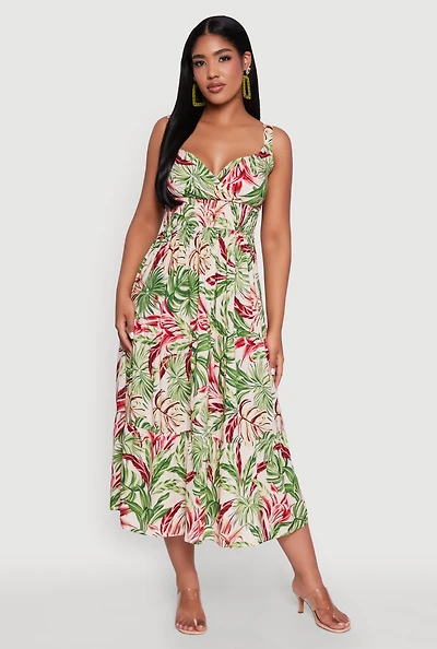 Womens Tropical Leaf Print Empire Waist Sundress, Multi, Size L