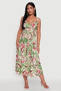 Womens Tropical Leaf Print Empire Waist Sundress, Multi, Size L