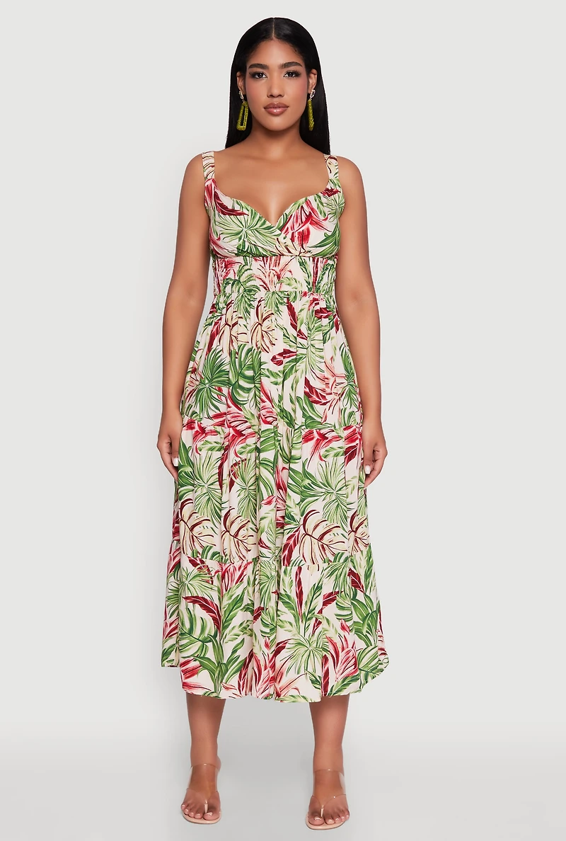 Womens Tropical Leaf Print Empire Waist Sundress, Multi,