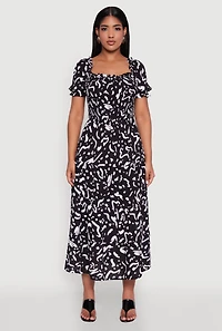 Womens Patterned Smocked Maxi Peasant Dress, M