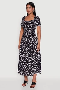 Womens Patterned Smocked Maxi Peasant Dress, M