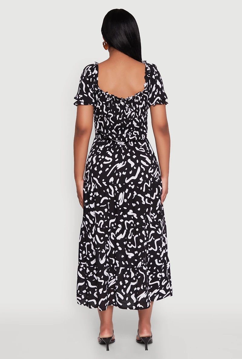 Womens Patterned Smocked Maxi Peasant Dress,