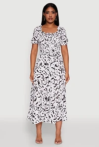 Womens Patterned Smocked Maxi Peasant Dress, Multi, Size L