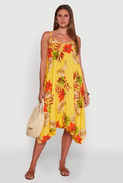 Womens Floral Print Sharkbite Hem Shift Dress, Yellow, Size M
