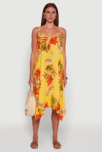 Womens Floral Print Sharkbite Hem Shift Dress, Yellow, Size M