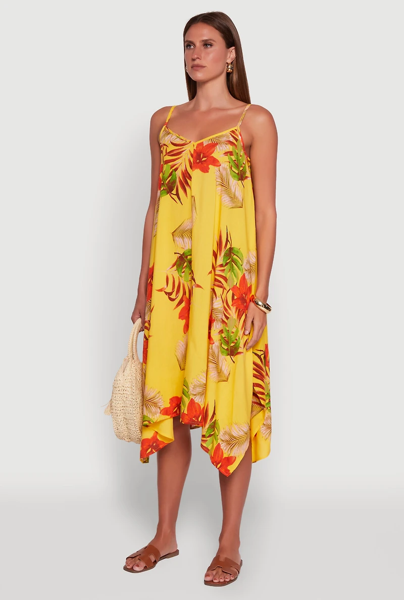 Womens Floral Print Sharkbite Hem Shift Dress, Yellow, Size L