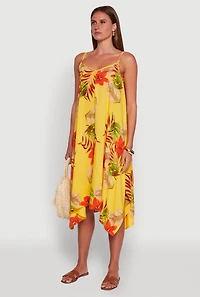 Womens Floral Print Sharkbite Hem Shift Dress, Yellow, Size L