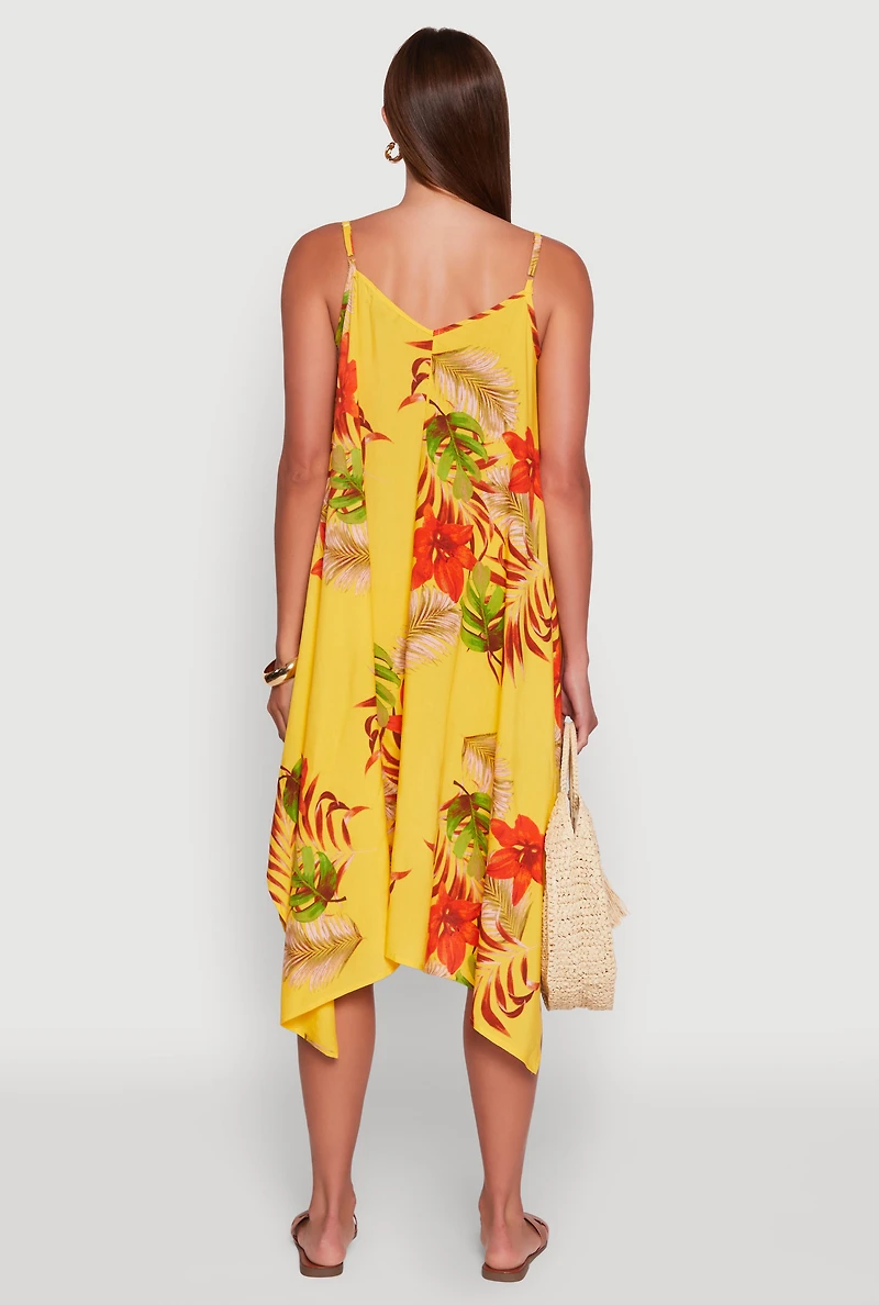 Womens Floral Print Sharkbite Hem Shift Dress, Yellow, Size L