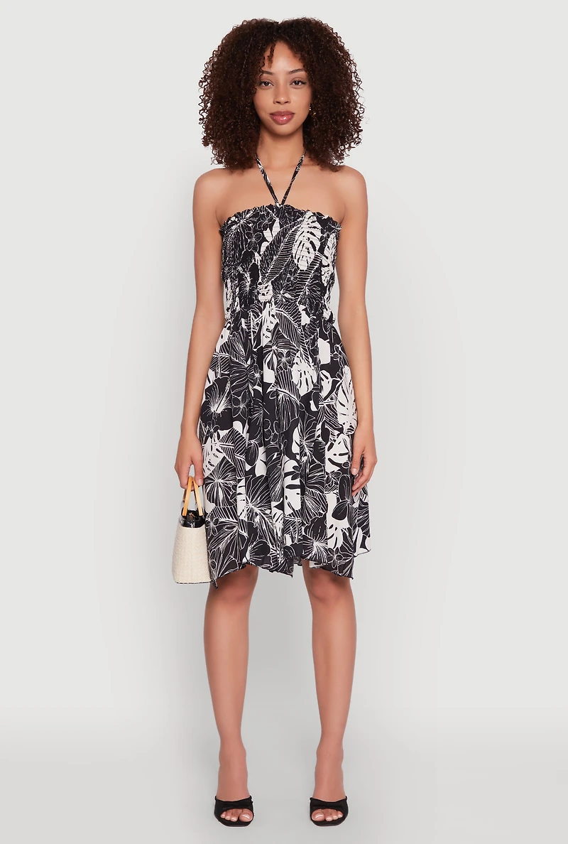 Womens Tropical Print Smocked Halter Neck Dress, Black, Size L