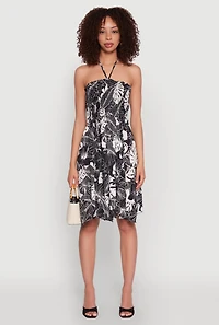 Womens Tropical Print Smocked Halter Neck Dress, Black, Size M