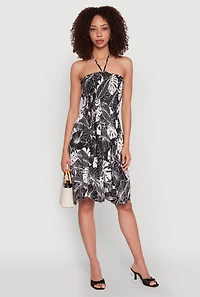 Womens Tropical Print Smocked Halter Neck Dress, Black, Size M