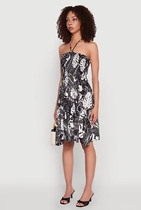 Womens Tropical Print Smocked Halter Neck Dress, Black, Size L